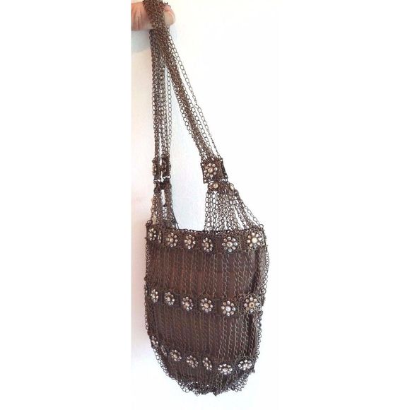 Kenny Ma Metal Mesh Swarovski Flower Beaded Handbag Bronze Bag Brown Purse NEW - Picture 2 of 9